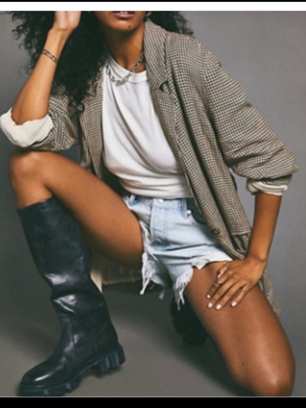 Free People Brooke Tall Distressed Black Leather Chunky Heeled Knee Boots